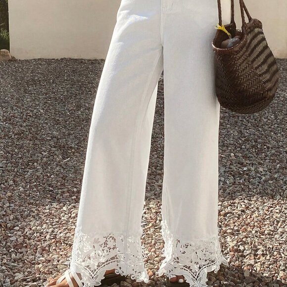 White Casual Women's Lace Patchwork Elegant Wide-Leg denim Jeans - Picture 4 of 7